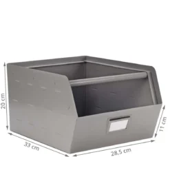 Bac de rangement empilable en métal gris avec porte étiquette