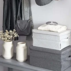 Boîte de rangement avec couvercle en tissu gris