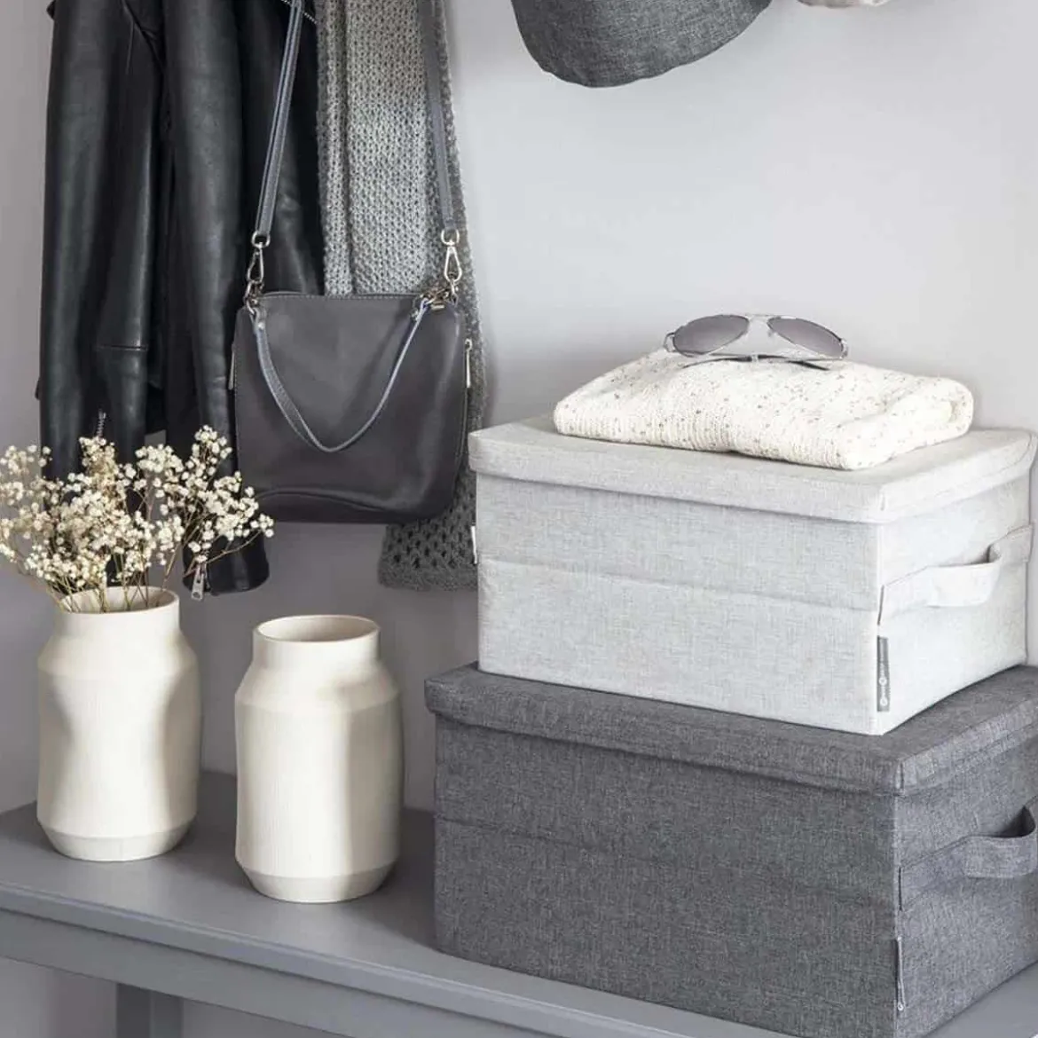 Boîte de rangement avec couvercle en tissu gris