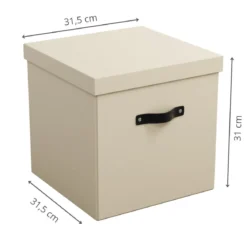 Boîte de rangement cube en carton beige avec couvercle et poignée