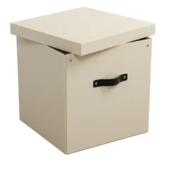 Boîte de rangement cube en carton beige avec couvercle et poignée
