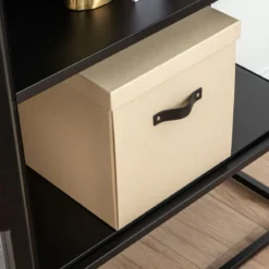 Boîte de rangement cube en carton beige avec couvercle et poignée