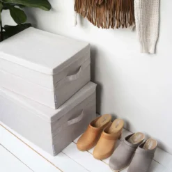 Boîte de rangement en tissu avec couvercle beige M