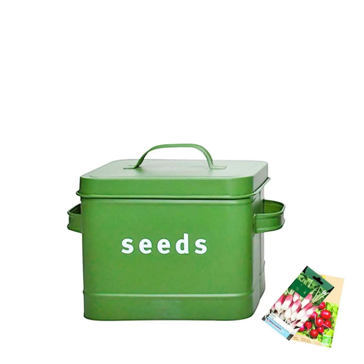 Boîte de rangement pour graines en métal vert kaki
