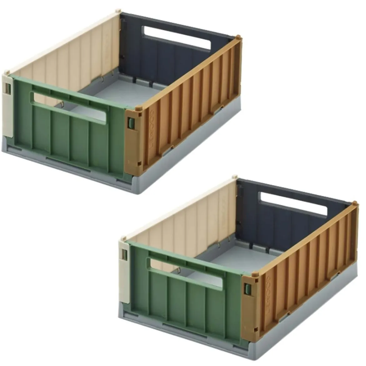2 caisses pliables en plastique bleu et vert