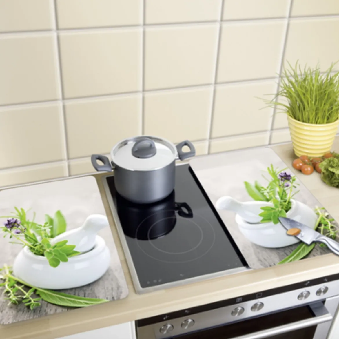 2 couvre-plaques de cuisson avec motif herbes aromatiques