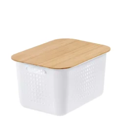 Panier de rangement en plastique recyclé avec couvercle en bambou 13 litres
