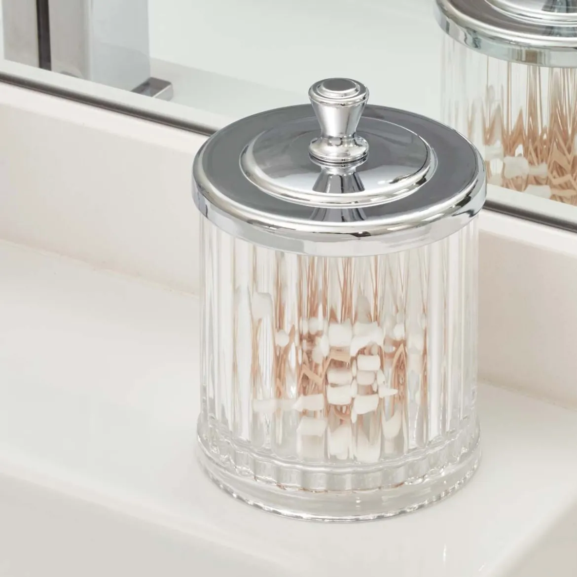 Pot à coton cannelé en plastique transparent avec un couvercle en métal
