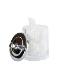 Pot à coton cannelé en plastique transparent avec un couvercle en métal