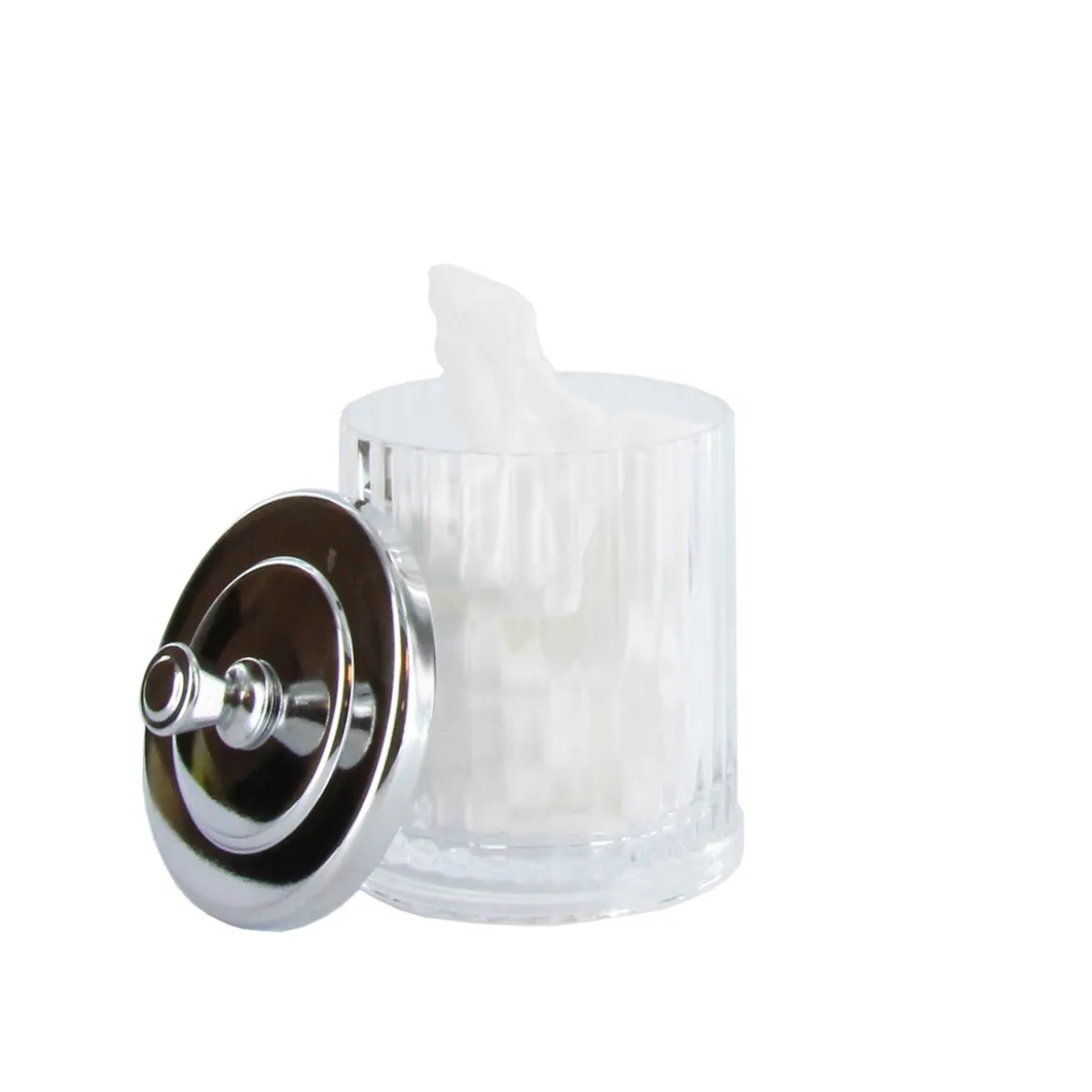Pot à coton cannelé en plastique transparent avec un couvercle en métal